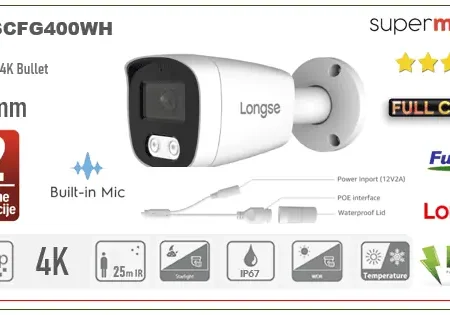 POE Bullet IP Kamera Longse 4MP 2.8mm 25m IR Full Color 24h + MIC BMSCFG400WH