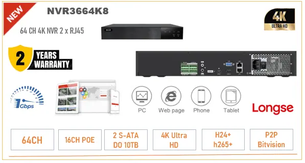 NVR Longse snimač 64ch 4K H.265 2xHDMI 2xRJ45 1GB/PS NVR3664K8